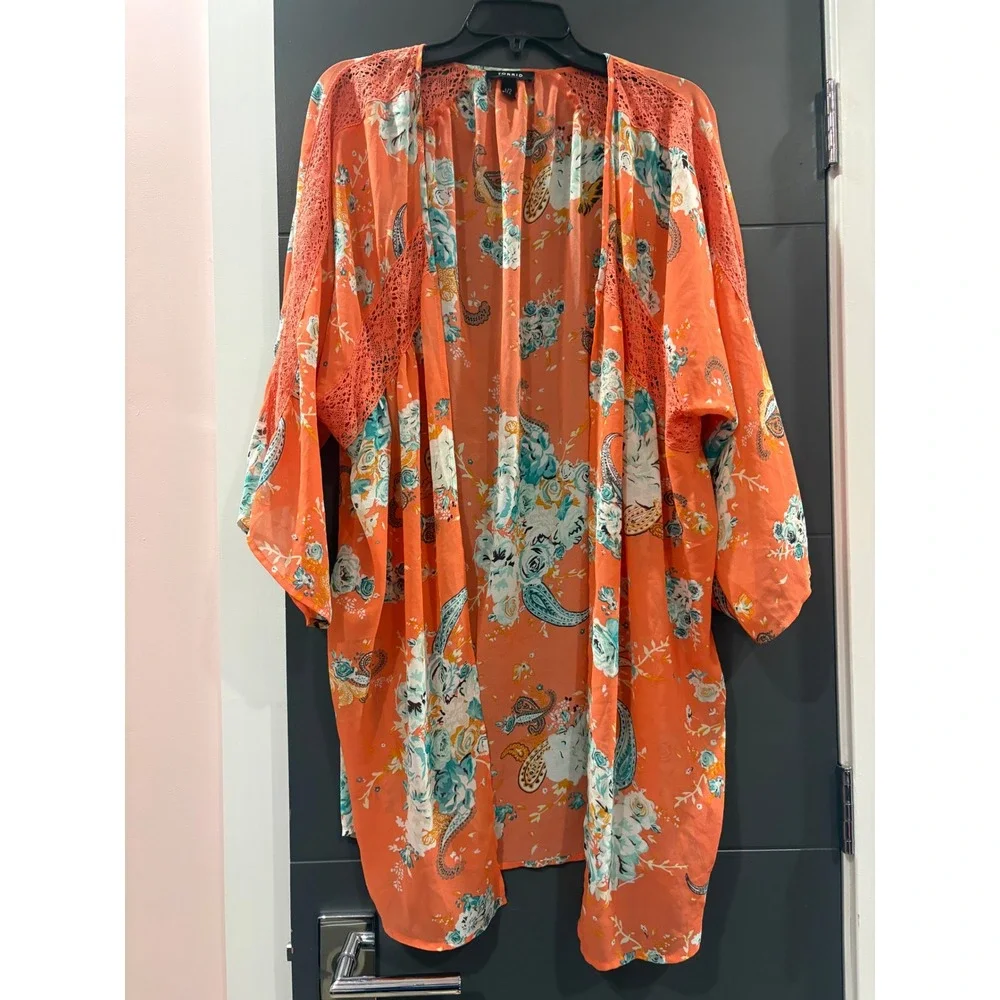 Torrid Orange Floral Paisley Crochet Lace Trim Kimono Cardigan Plus Size 1/2 - Picture 1 of 6